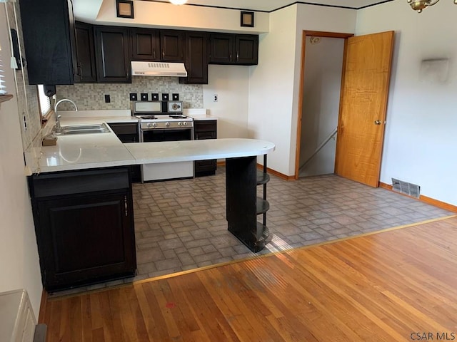 kitchen featuring tasteful backsplash, sink, stainless steel range, and kitchen peninsula