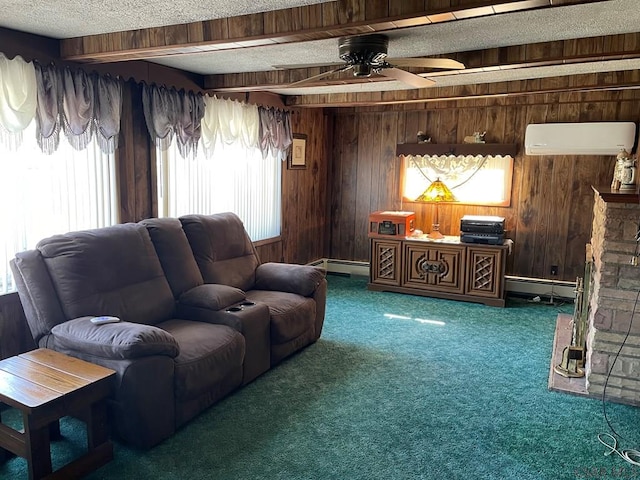 living room with a baseboard radiator, a textured ceiling, a wall mounted air conditioner, carpet flooring, and wooden walls