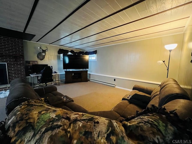 home theater room featuring carpet floors, wood ceiling, and baseboard heating