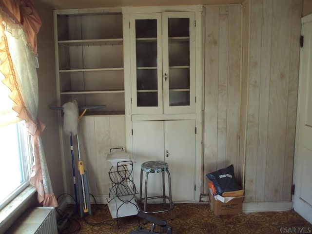 miscellaneous room with radiator heating unit and wood walls