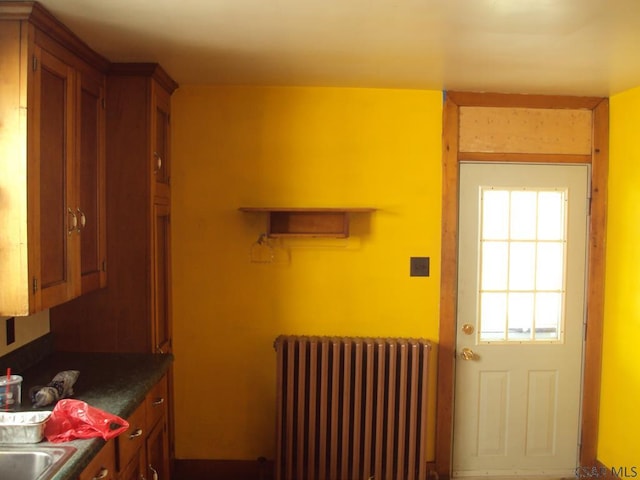 331 W Main St, Somerset, PA 15501 - kitchen with radiator, dark countertops, and brown cabinets
