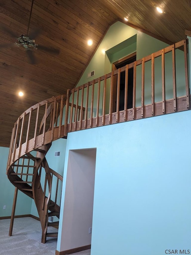 350 American Legion Rd, Latrobe, PA 15650 - stairway with wooden ceiling, vaulted ceiling, carpet flooring, and recessed lighting