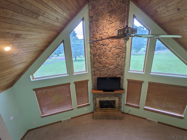 350 American Legion Rd, Latrobe, PA 15650 - unfurnished living room with wooden ceiling, lofted ceiling, a fireplace, carpet floors, and ceiling fan