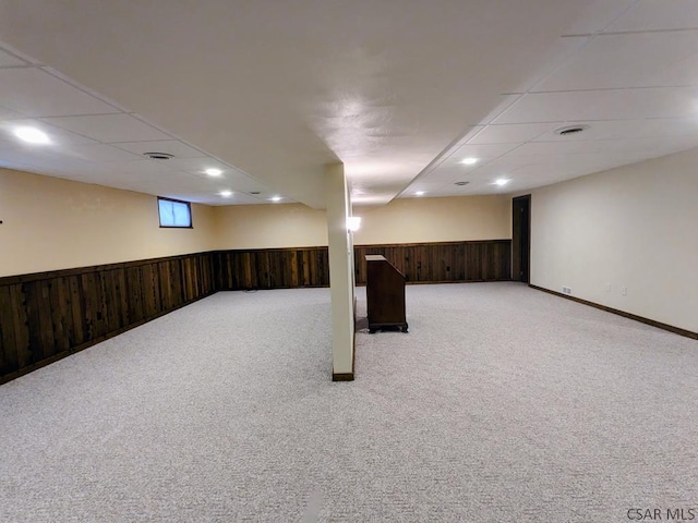 350 American Legion Rd, Latrobe, PA 15650 - below grade area featuring carpet, wooden walls, wainscoting, a paneled ceiling, and recessed lighting