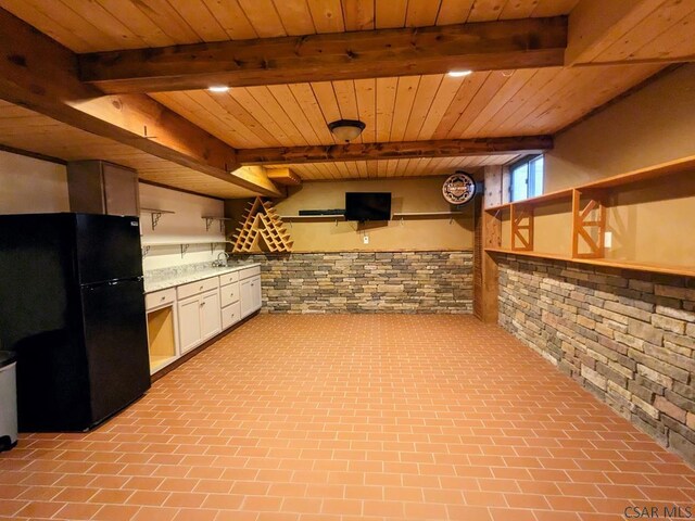 350 American Legion Rd, Latrobe, PA 15650 - kitchen with freestanding refrigerator, a wood ceiling with exposed beams, open shelves, brick wall, and white cabinetry