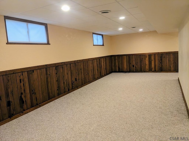 350 American Legion Rd, Latrobe, PA 15650 - below grade area with carpet, wainscoting, wood walls, a drop ceiling, and recessed lighting