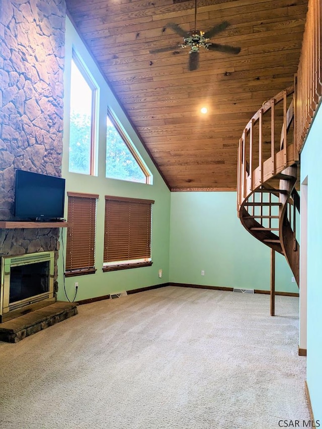 350 American Legion Rd, Latrobe, PA 15650 - additional living space with wood ceiling, carpet flooring, vaulted ceiling, a fireplace, and a ceiling fan