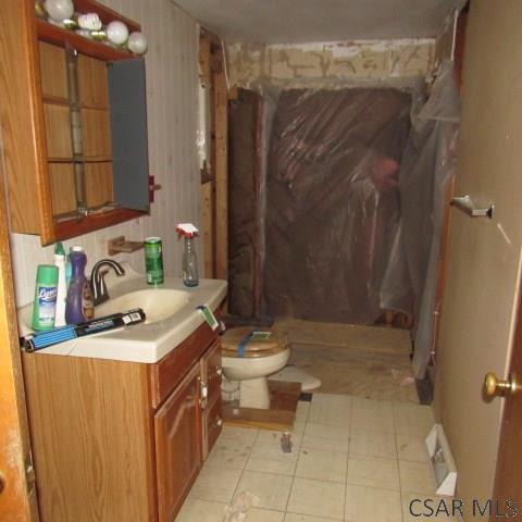 full bathroom with toilet, a shower with shower curtain, and vanity