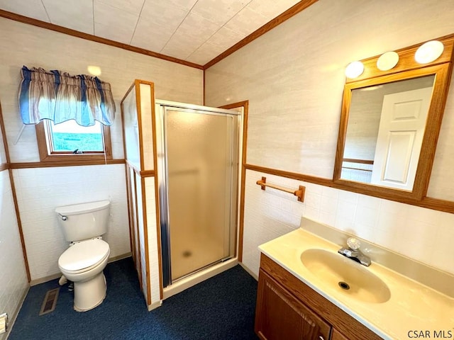 152 Aviator Ln, Friedens, PA 15541 - bathroom featuring tile walls, crown molding, a stall shower, and vanity