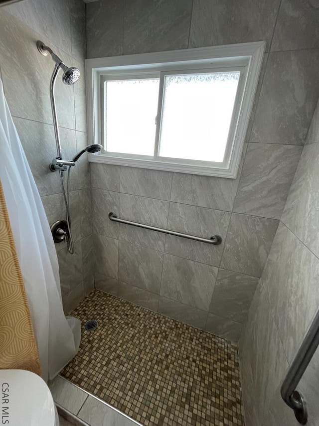 bathroom with walk in shower and toilet