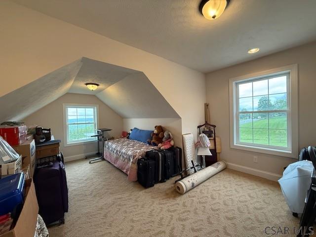 bedroom featuring carpet flooring, baseboards, and lofted ceiling