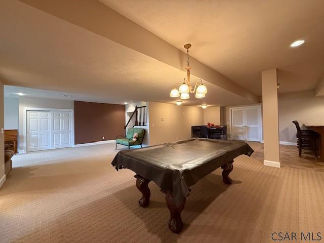 game room featuring light carpet, baseboards, and billiards