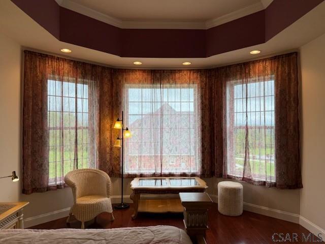 sitting room featuring baseboards, plenty of natural light, wood finished floors, ornamental molding, and recessed lighting