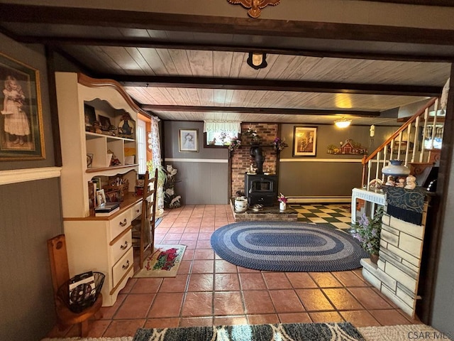 1040 Causeway Dr, Friedens, PA 15541 - interior space featuring a wood stove, beamed ceiling, stairway, a wainscoted wall, and wooden ceiling