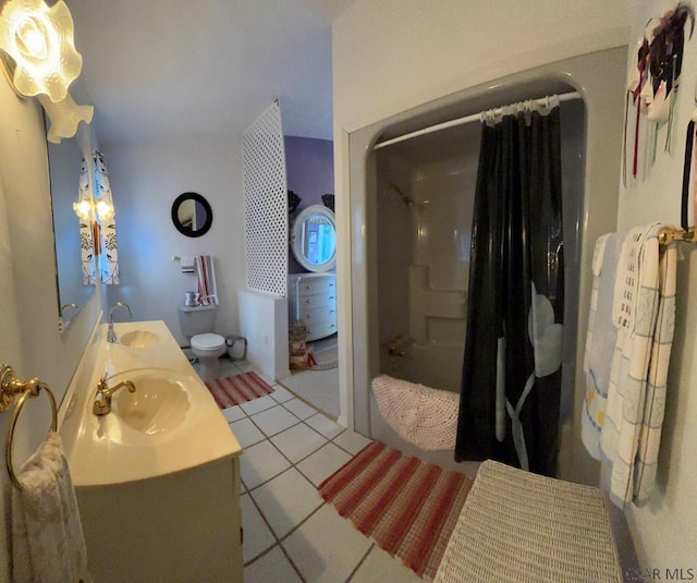 1040 Causeway Dr, Friedens, PA 15541 - bathroom featuring shower / bath combination with curtain, tile patterned floors, double vanity, and a sink