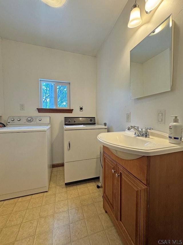 R1249 Main St, Johnstown, PA 15909 - bathroom featuring washer and clothes dryer, vanity, and tile patterned floors