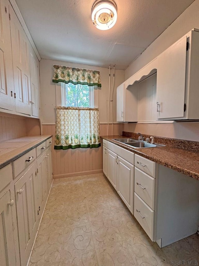 R1249 Main St, Johnstown, PA 15909 - kitchen featuring wainscoting, white cabinets, wood walls, and dark countertops