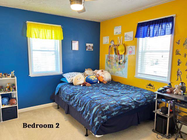 carpeted bedroom with multiple windows and baseboards