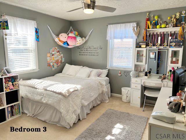 bedroom featuring multiple windows, a ceiling fan, baseboards, and a textured ceiling