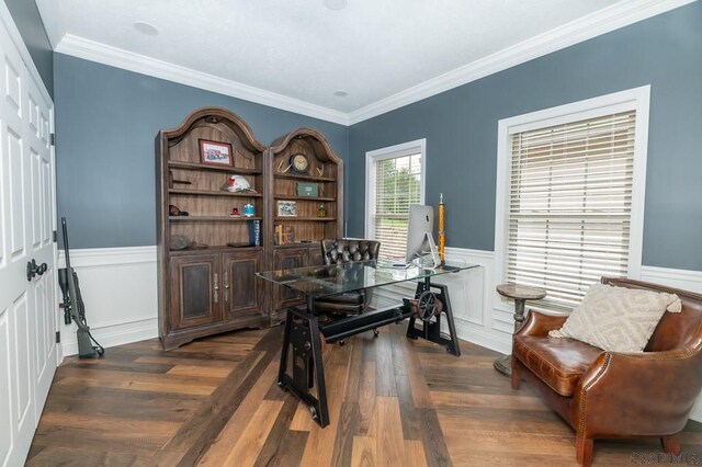 home office with crown molding and dark wood-type flooring