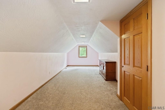 373 Hillside Ln, Somerset, PA 15501 - additional living space featuring a textured ceiling, light carpet, vaulted ceiling, and baseboards