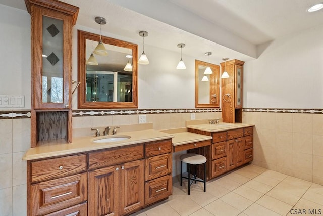 373 Hillside Ln, Somerset, PA 15501 - bathroom with tile walls, vanity, tile patterned floors, and a wainscoted wall