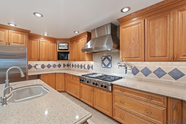373 Hillside Ln, Somerset, PA 15501 - kitchen with wall chimney range hood, stainless steel appliances, a sink, light tile patterned floors, and tasteful backsplash