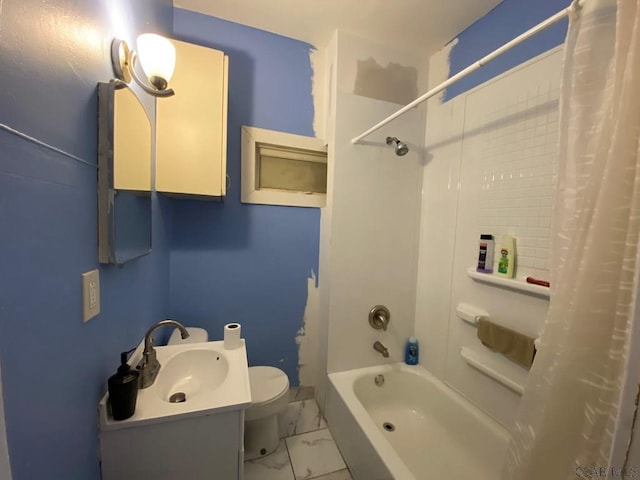 bathroom featuring marble finish floor, shower / tub combo with curtain, vanity, and toilet