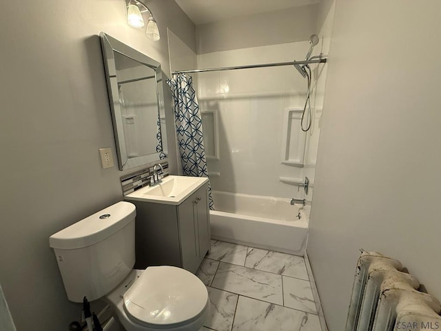 bathroom featuring shower / bath combo, radiator, toilet, marble finish floor, and vanity