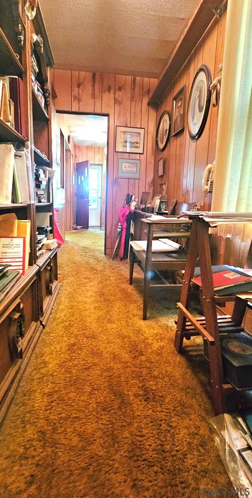 123 Venango St, Johnstown, PA 15905 - carpeted dining room with wooden walls and a textured ceiling