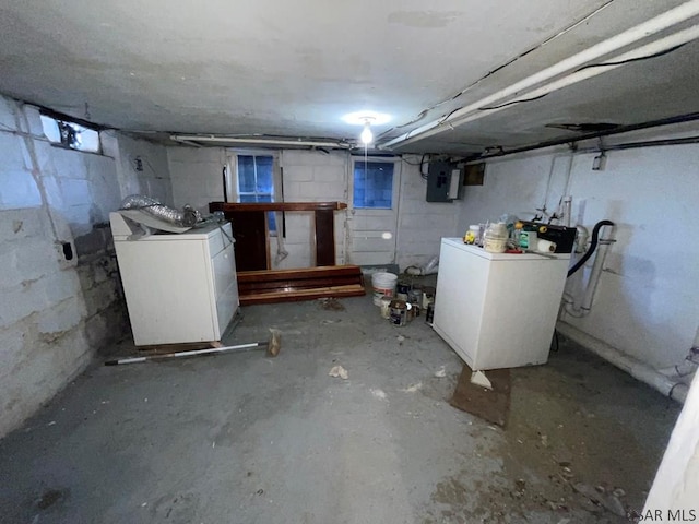 basement featuring electric panel and washer and dryer