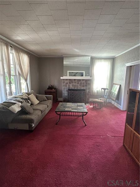 carpeted living room featuring crown molding and a fireplace