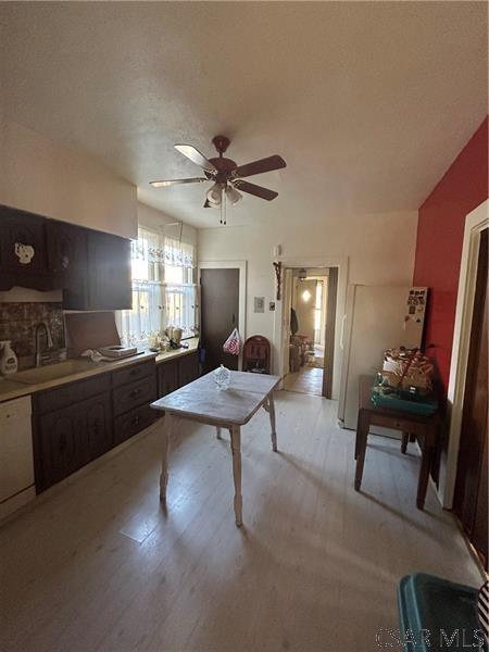 interior space with sink, ceiling fan, white dishwasher, dark brown cabinetry, and light wood-type flooring