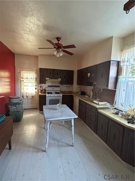 kitchen featuring light hardwood / wood-style flooring, gas range gas stove, ceiling fan, dark brown cabinets, and a textured ceiling