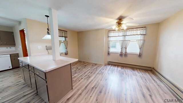 1210 Somerset Ave, Windber, PA 15963 - kitchen featuring baseboard heating, white dishwasher, a ceiling fan, and light wood-style floors