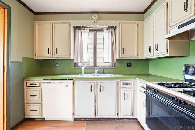 769 Russell Ave, Johnstown, PA 15902 - kitchen featuring white dishwasher, black gas range oven, under cabinet range hood, crown molding, and light countertops