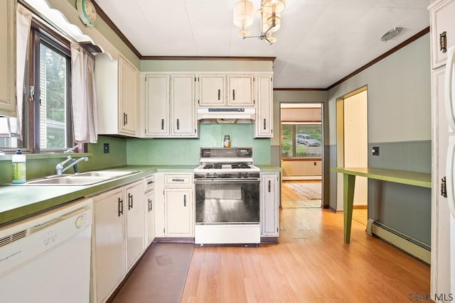 769 Russell Ave, Johnstown, PA 15902 - kitchen with white appliances, under cabinet range hood, crown molding, baseboard heating, and light wood-type flooring