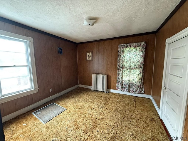 717-719 Messenger St, Johnstown, PA 15902 - unfurnished room featuring radiator, plenty of natural light, a textured ceiling, light carpet, and wood walls