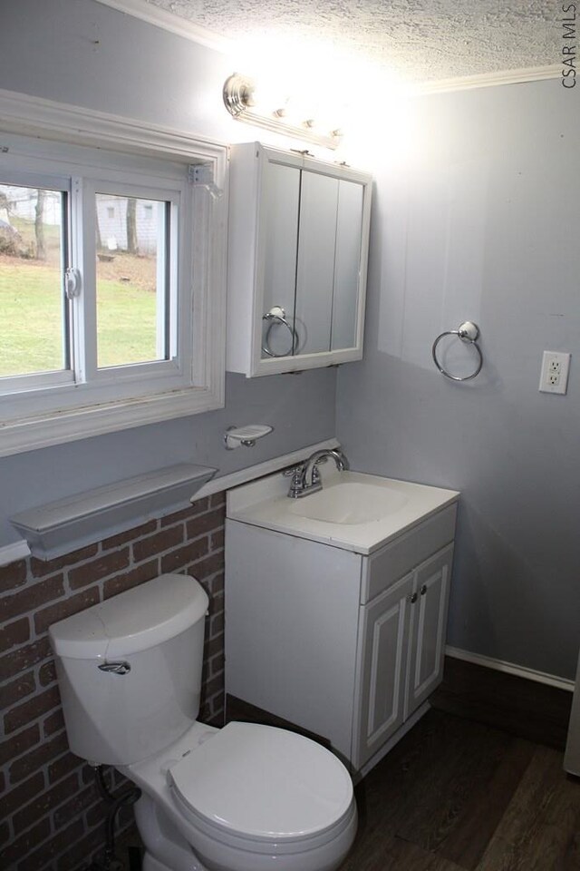 bathroom with vanity, wood-type flooring, a textured ceiling, and toilet