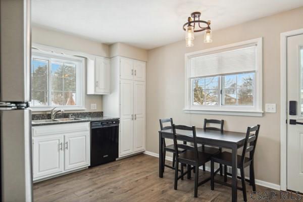 kitchen featuring white cabinets, dark wood-type flooring, sink, and black dishwasher