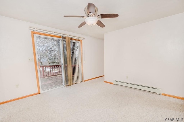 unfurnished room featuring a baseboard radiator, baseboards, ceiling fan, and carpet flooring