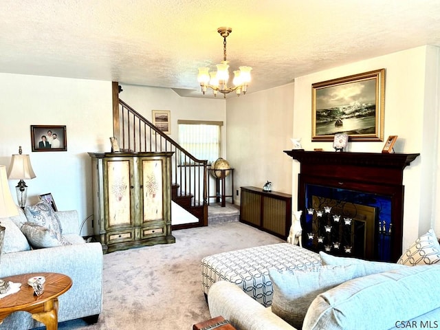 1727 Ringling Ave, Johnstown, PA 15902 - carpeted living room featuring a chandelier, a glass covered fireplace, stairway, and a textured ceiling