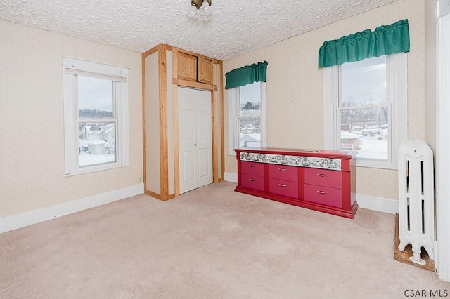 unfurnished bedroom with multiple windows, light colored carpet, and a textured ceiling