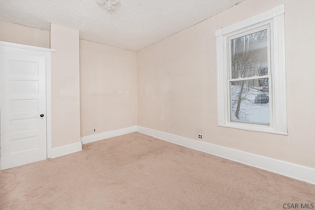 spare room featuring light carpet and a textured ceiling