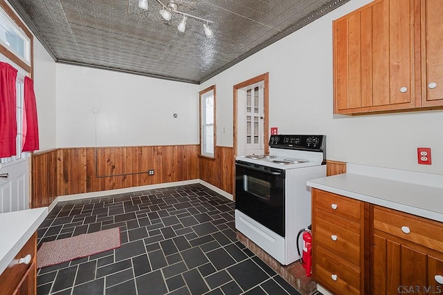 kitchen with crown molding, electric range oven, and wood walls