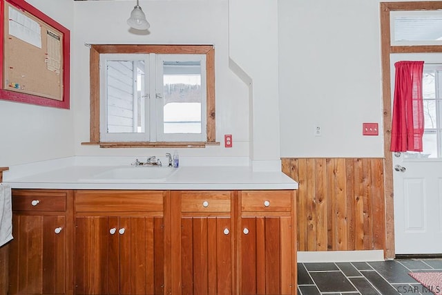 bathroom with vanity and wood walls