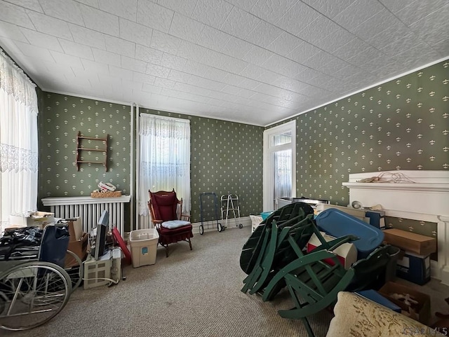 bedroom with multiple windows, crown molding, and carpet flooring