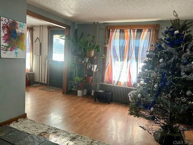 miscellaneous room with hardwood / wood-style flooring, radiator heating unit, and a textured ceiling