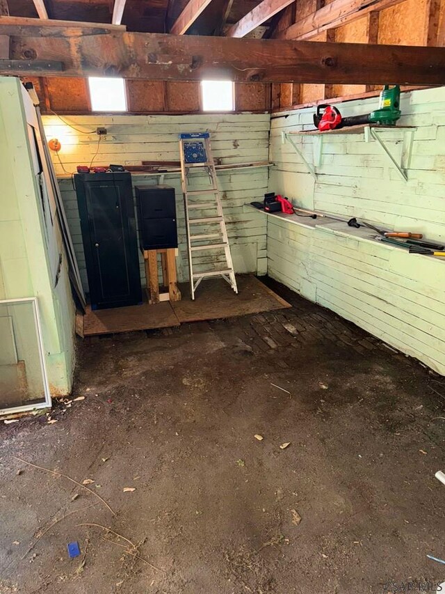 basement featuring wood walls