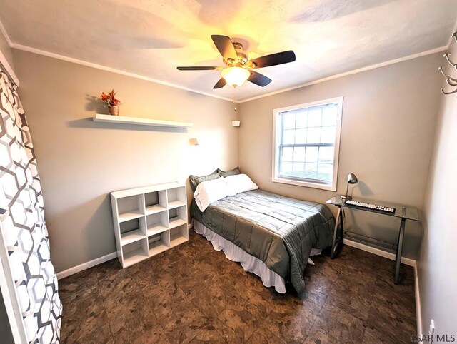 bedroom featuring crown molding, ceiling fan, and a baseboard radiator